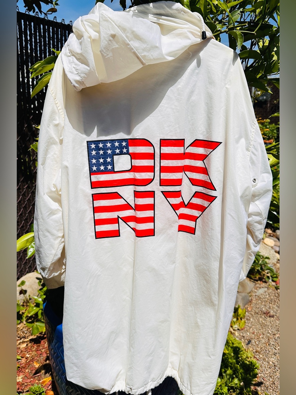 DKNY White Hooded Jacket with Red, Blue Flag Logo
